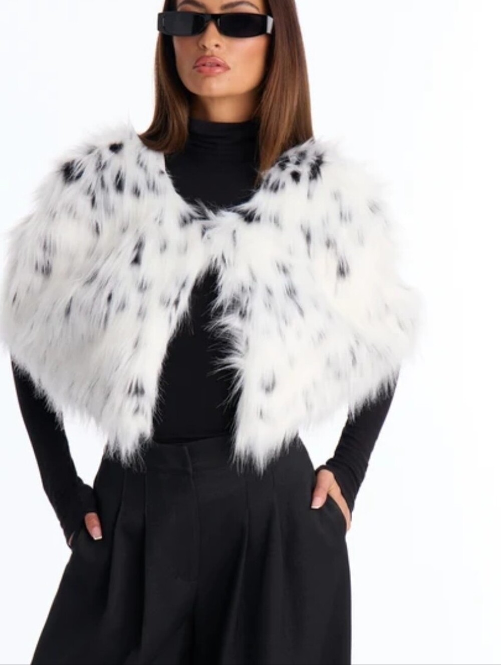 Faux Fur Cropped Capelet Sweater - White with Black Spots